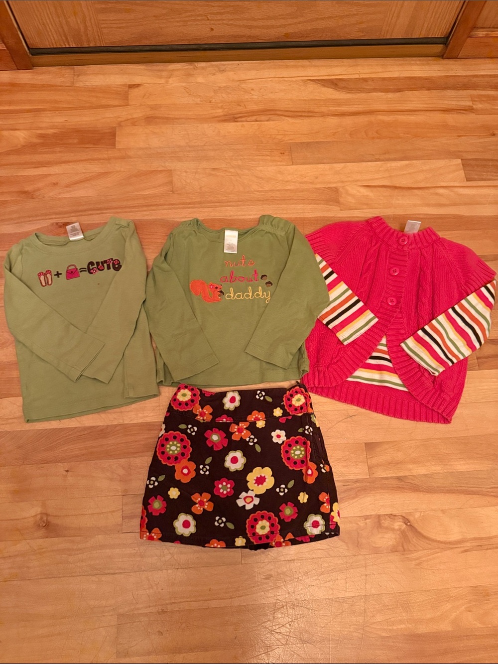 Gymboree Girls' Green Tops, Pink Cardigan & Brown Floral Skirt Set